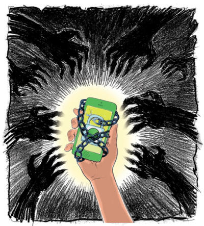 Illustration by Chuck Todd For Tech Monday story by Dana Hull 'Apple and Samsung are taking steps to fight back against thieves'...by 'using technological solution to thwart would be robberries'. Using the Find my iphone app...can render an iphone useless to the person who stole it.