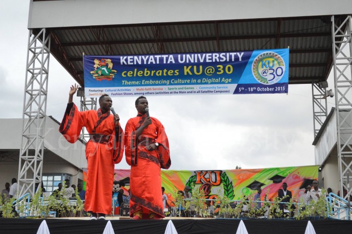 Comedians Karis and David entertaining guests at the KU@30 ceremony.