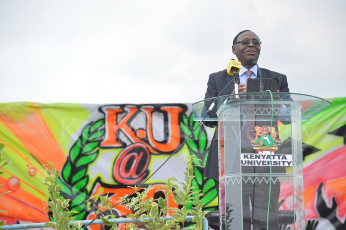 The chief guest Mr. Wilfred Kiboro, board chairman Nation Media Group, Making his speech to officially open the KU@30 ceremony and celebration.