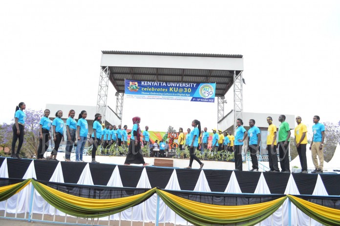 KU dance formation performed by KU students at the KU@30 ceremony. — at Bishop Square, Kenyatta University.