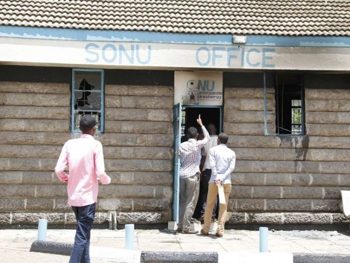 Police net bhang and weapons at UoN hostels UoN hostels UON students outside SONU office which was torched yesterday by a group of students protesting the re election of Babu Owino as the new chairman . Photo/Monicah Mwangi