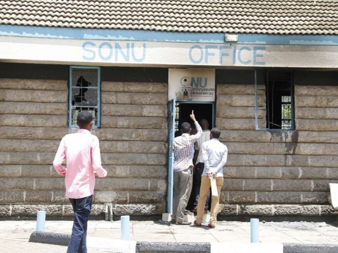 UoN hostels UON students outside SONU office which was torched yesterday by a group of students protesting the re election of Babu Owino as the new chairman . Photo/Monicah Mwangi