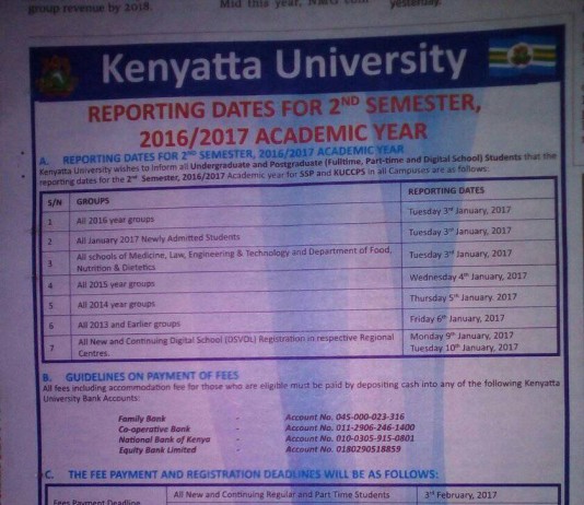 Kenyatta Uni 2nd Semester Reporting Dates January 2016 Kenyatta Uni 2nd Semester Reporting Dates January 2016