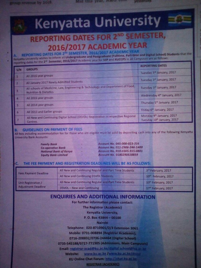 Kenyatta Uni 2nd Semester Reporting Dates January 2016