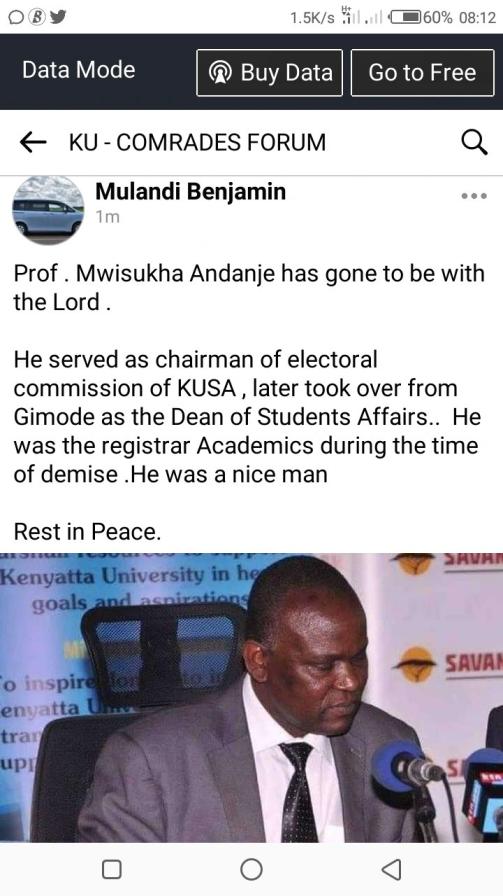 Death of Prof. Andanje Mwisukha, Registrar (Academic).